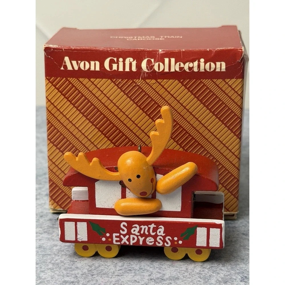Avon Christmas Train Caboose Ornament With Santa Express And Reindeer 1987